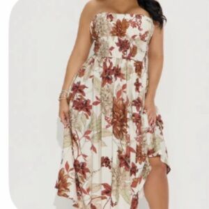 Fashion Nova Strapless Floral Midi Dress in Cream and Rust Tones